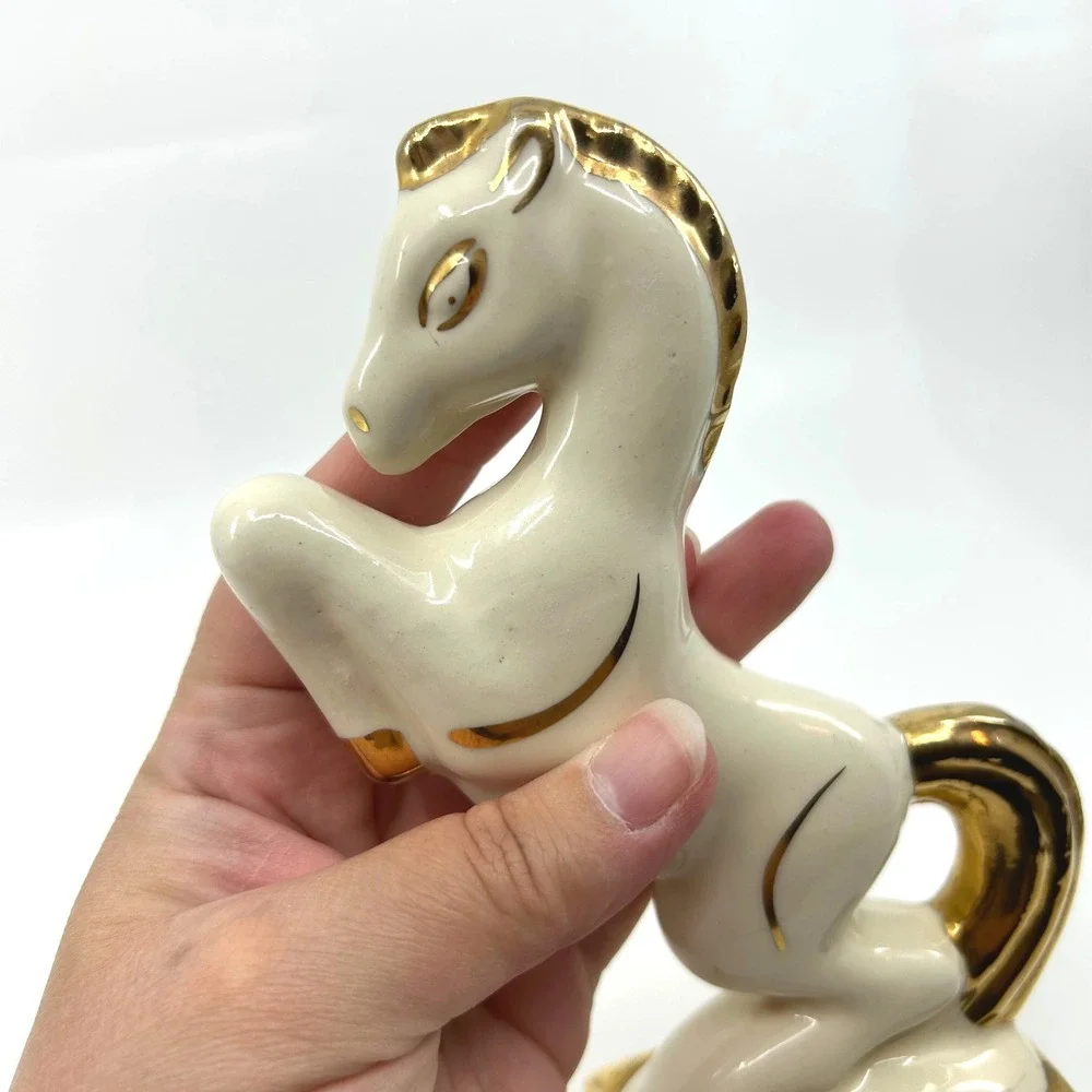 Vintage Mid Century Gold White Ceramic Rearing Horse Figurine